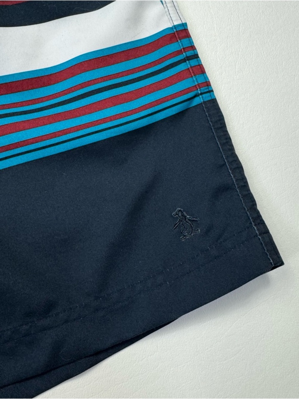 Original Penguin Men's Navy Stripe Swim Trunks with Teal & Maroon Size 32 - Picture 4 of 5